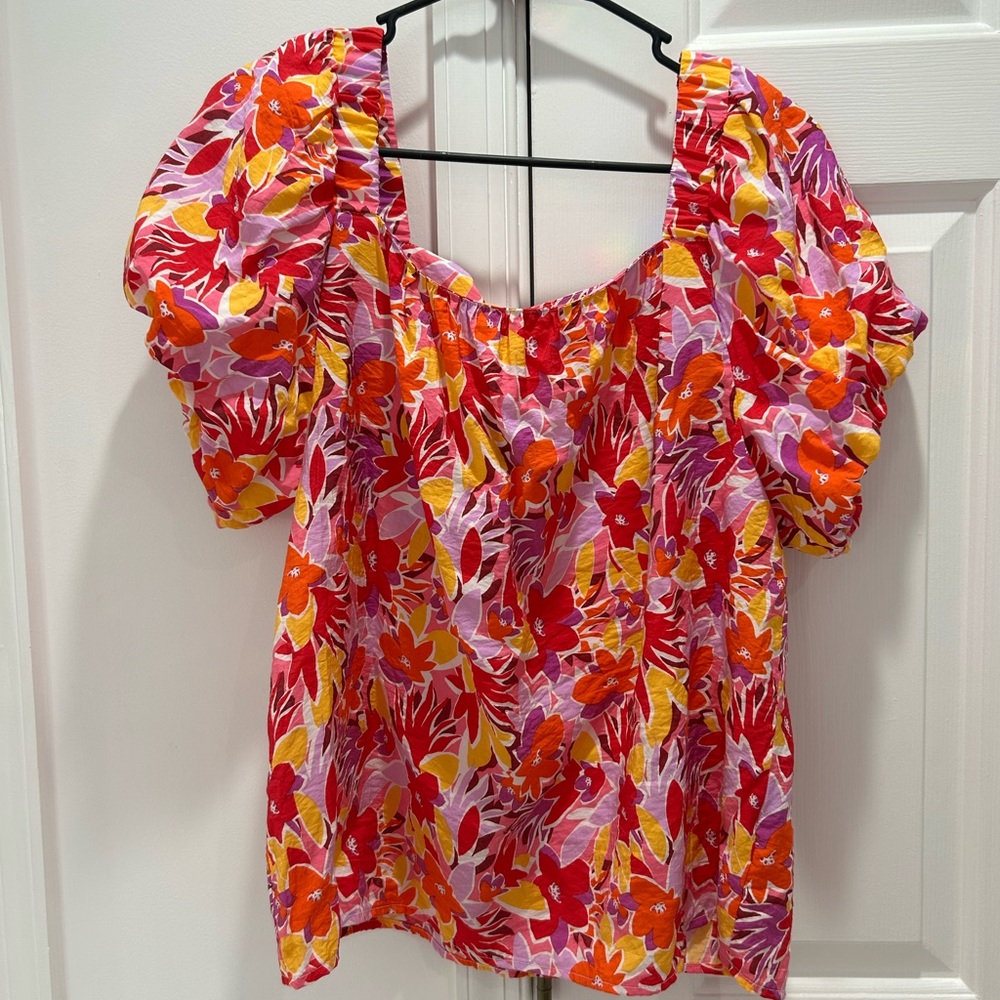 Sara Michelle Floral Puff-Sleeve Blouse - Pink, Orange & Yellow